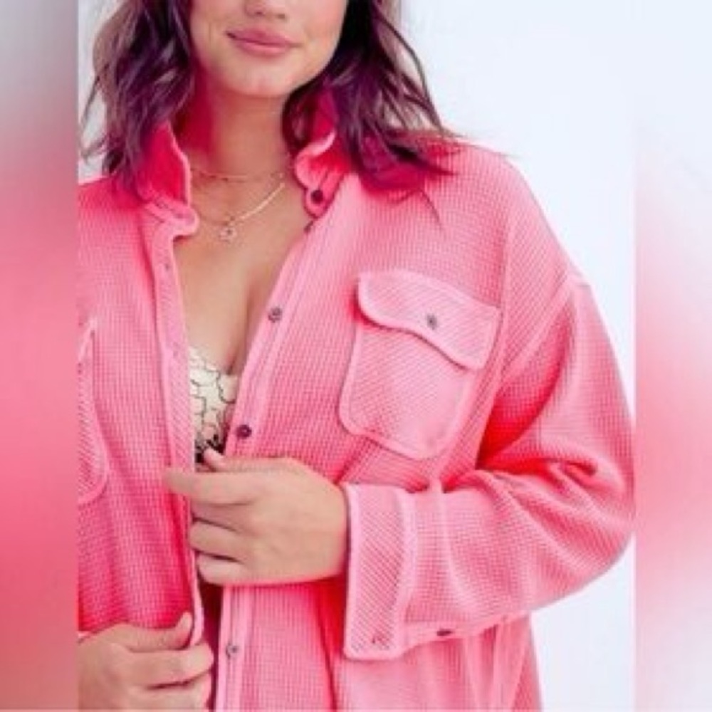 Aerie LumberJane Waffle Shirt Hot Pink Button-Up Waffle Knit Shacket Small